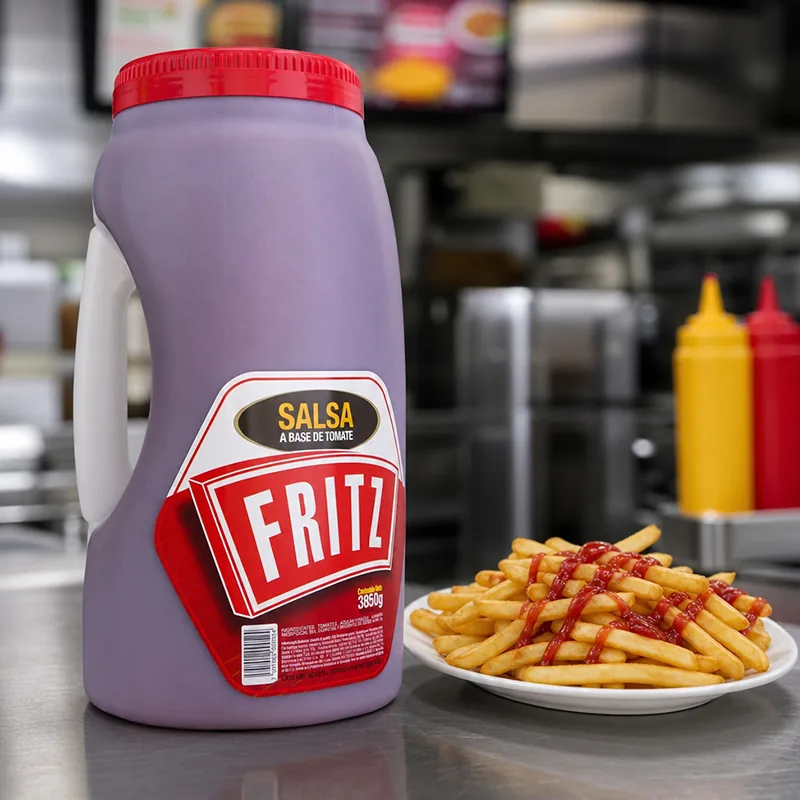 Galón de Salsa de Tomate de Fritz en una cocina profesional junto a un plato de papas fritas