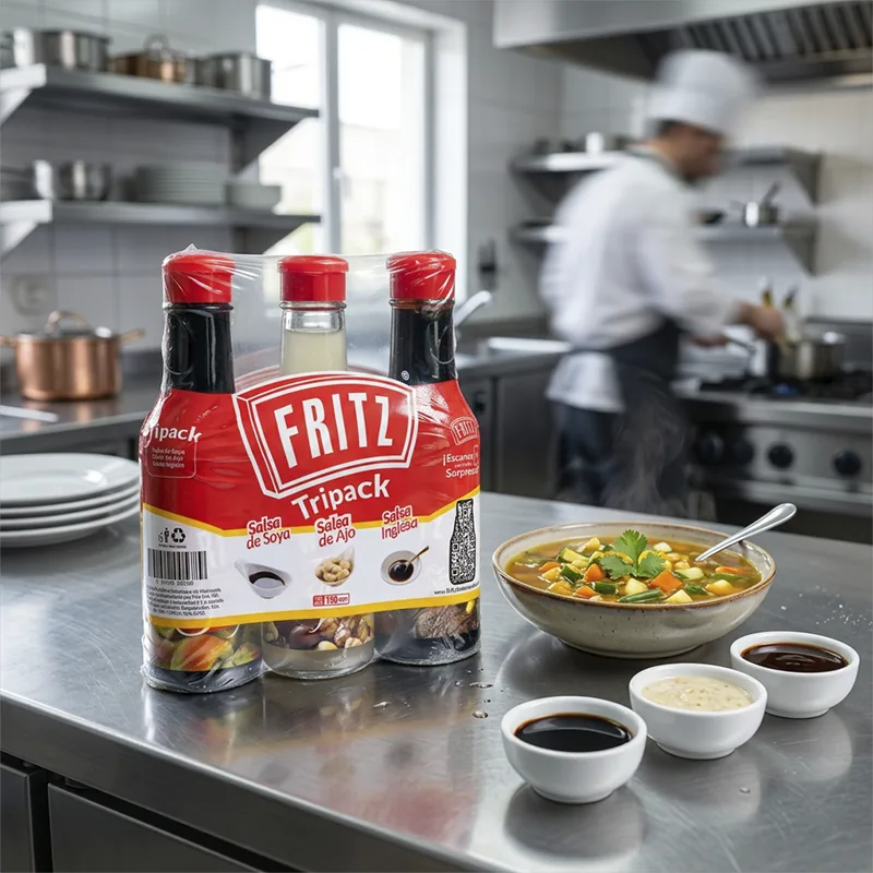 Tripack de Fritz sobre una mesa de cocina profesional junto a un plato de sopa y tres cuencos con las salsas