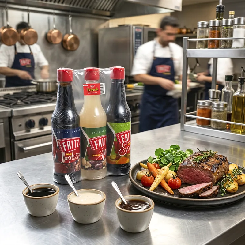Tripack de Fritz de 300 cc en una cocina profesional junto a un plato de carne y tres cuencos con las salsas
